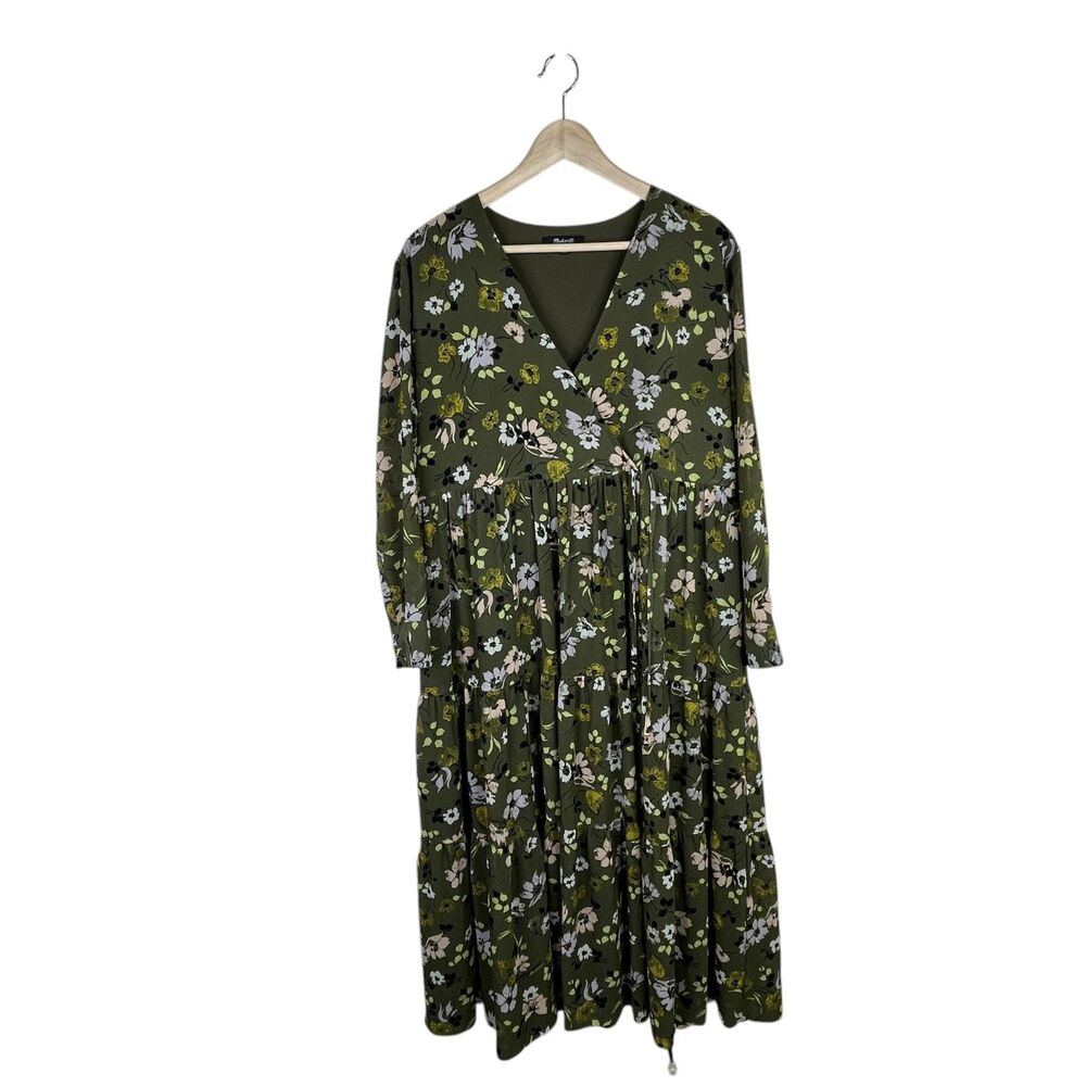 Madewell Floral Cinch-Waist Tiered Midi Dress Sz M Olive Green Wildblooms - Picture 2 of 12